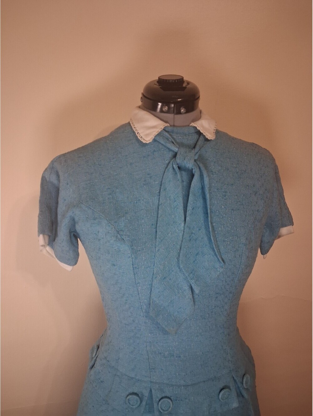 1940s Vintage Dress, Woven Blue Handmade Dress With Tie Academic Secretary Sz S - Picture 7 of 9